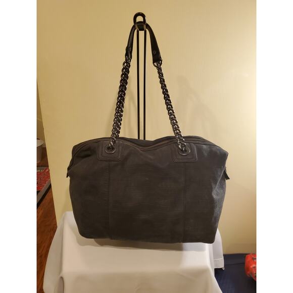 Tory Burch MCGRAW SUEDE CHAIN-SHOULDER SLOUCHY TOTE- Gray Large Zip Top - Picture 7 of 11